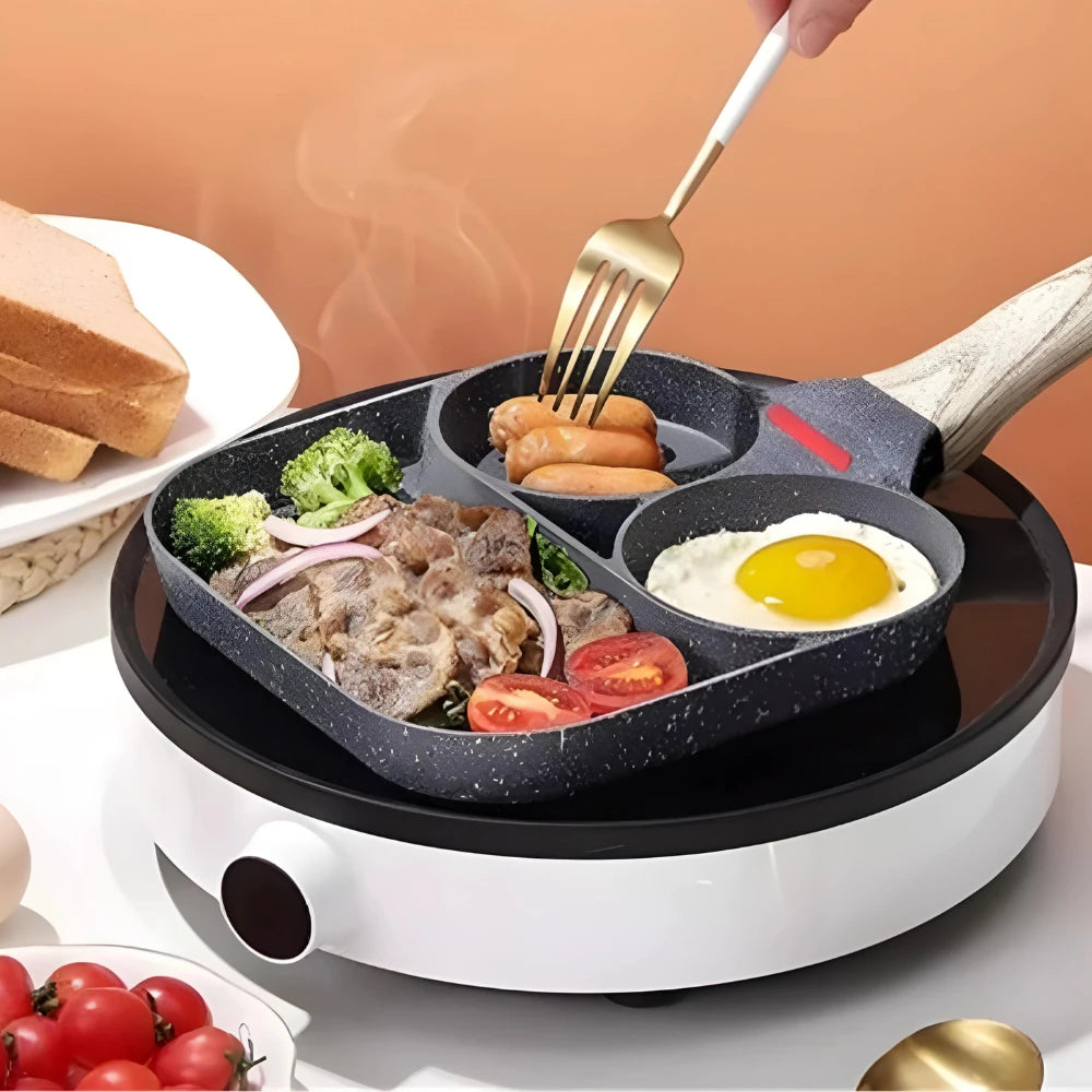 Non-stick frying pan with 3 compartments for multipurpose frying