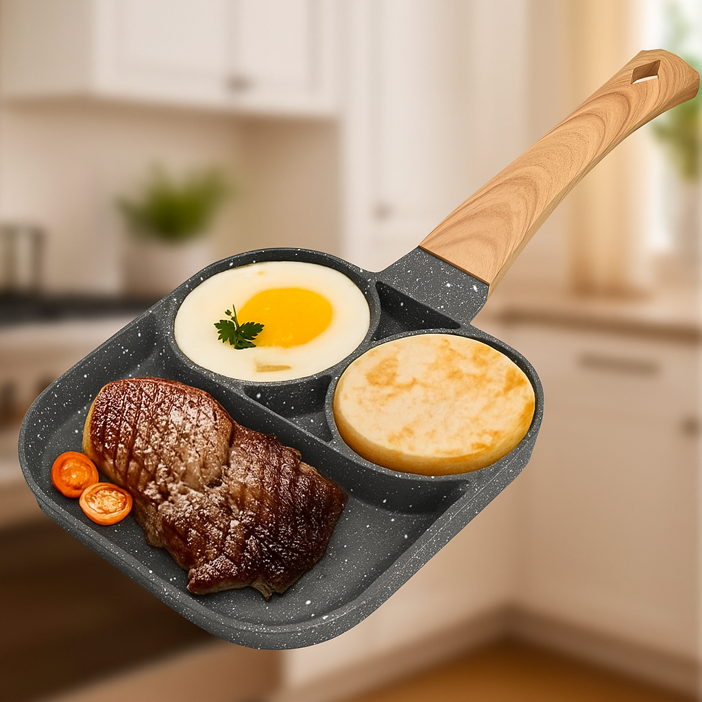 Non-stick frying pan with 3 compartments for multipurpose frying
