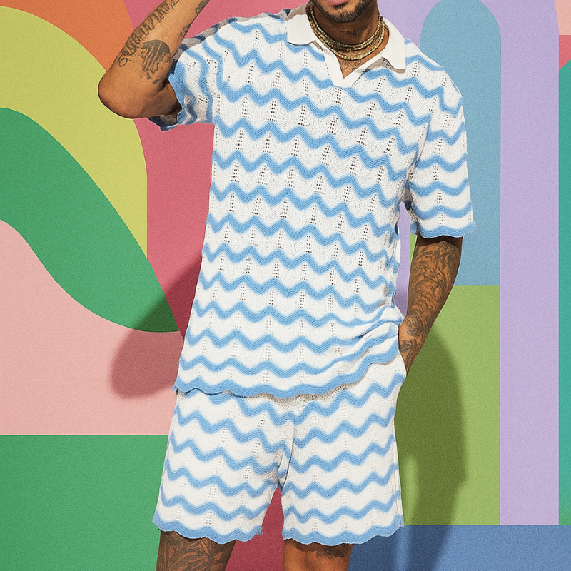 2025 New Men's Set Knit Fashion Print Shirts and Shorts