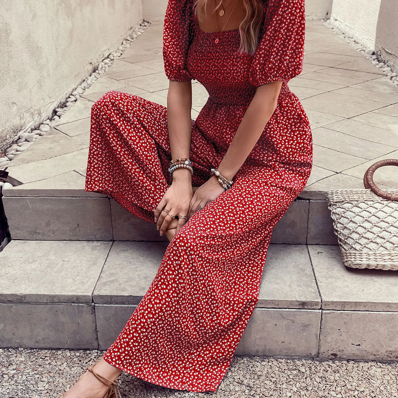 Women's Floral Print Jumpsuit with Elastic Waist, Elegant, V-neck