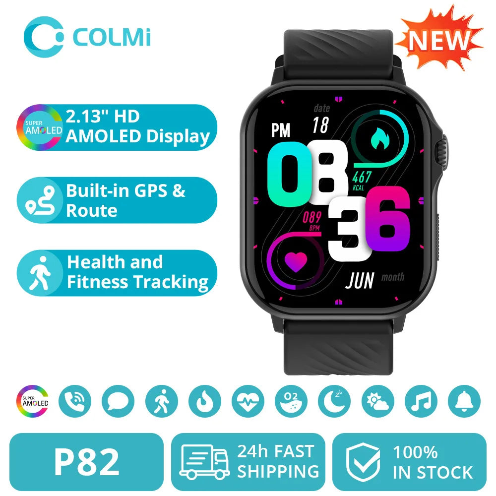 COLMI P82 2025 GPS Smart Watch, 2.13" HD AMOLED Display, Built-in GPS