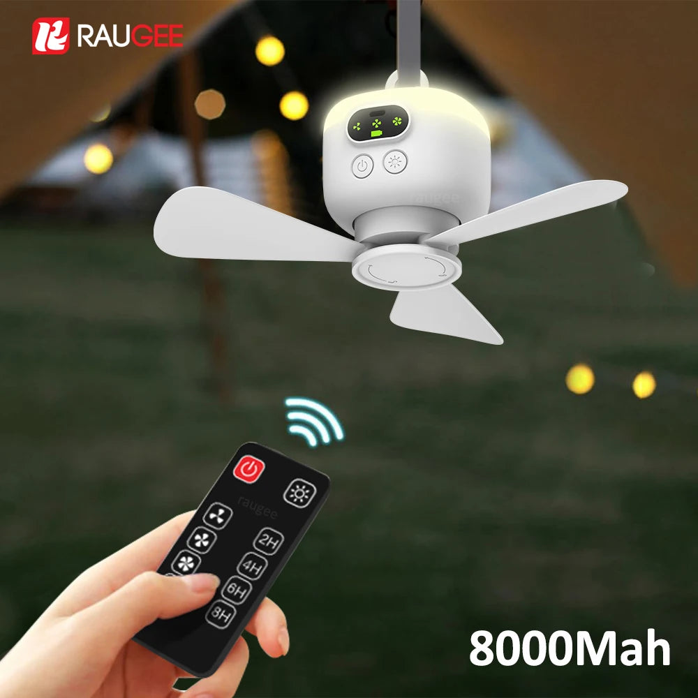 USB Rechargeable Camping Tent Ceiling Fan 8000mAh with Night Lamp