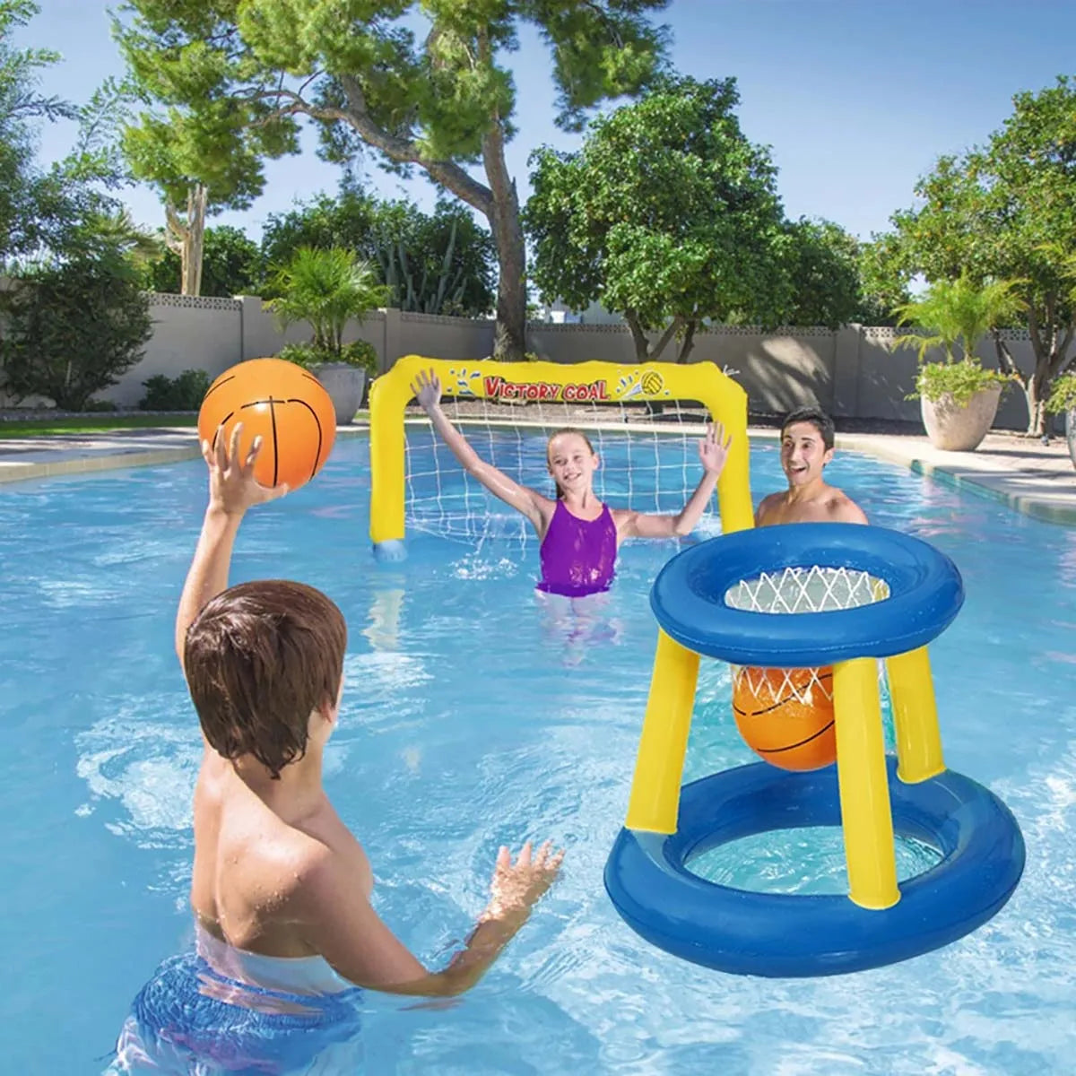 Inflatable ring toss game, floating basketball hoop