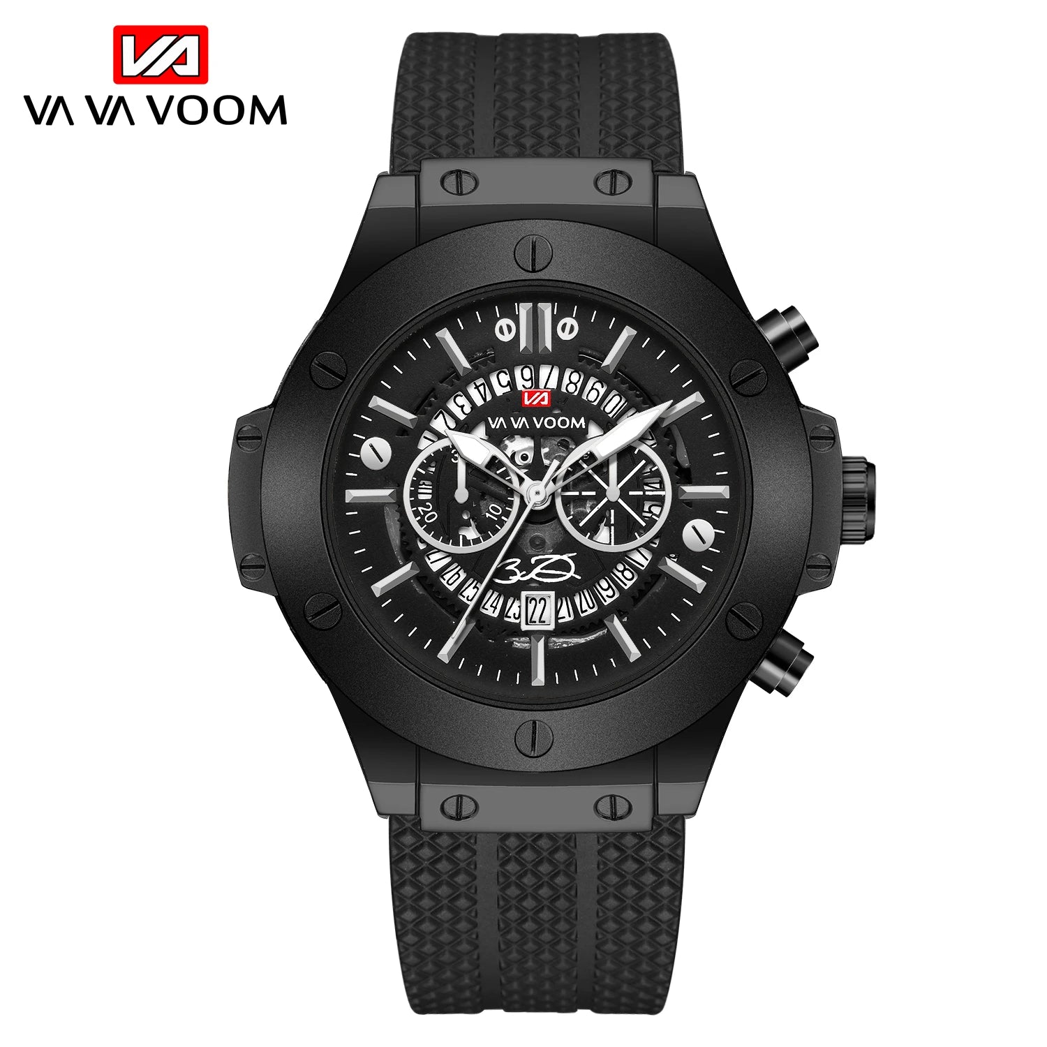 Men's black silicone sports watch, 46mm hollow pointer, large dial