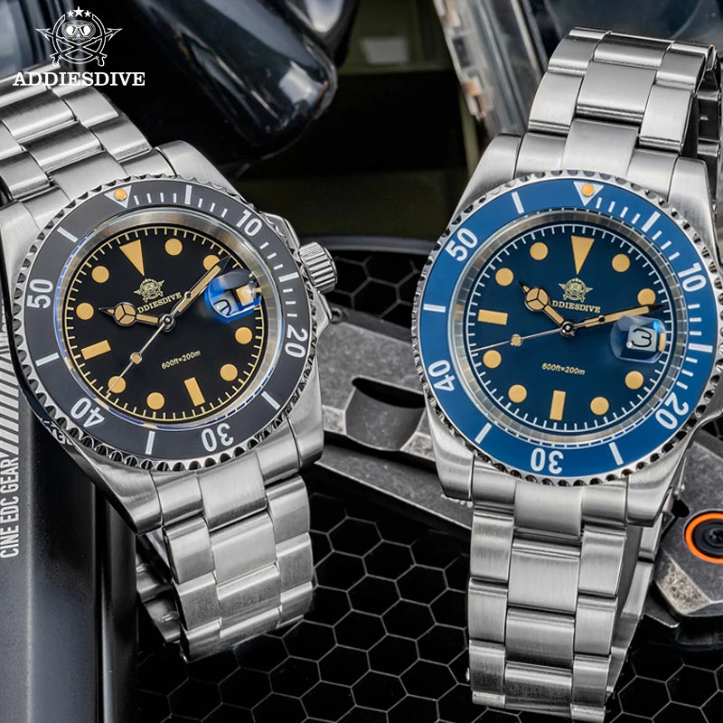 ADDIESDIVE New Men's Quartz Watch Wristwatch 200m Waterproof Super C3 Luminous Blue Dial AR Coating