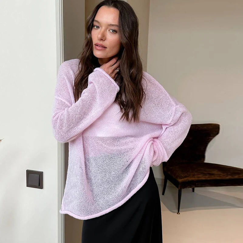 Elegant Hollow Out Knitted Pullovers for Women Loose Round Neck Long Sleeve Sheer Sweaters