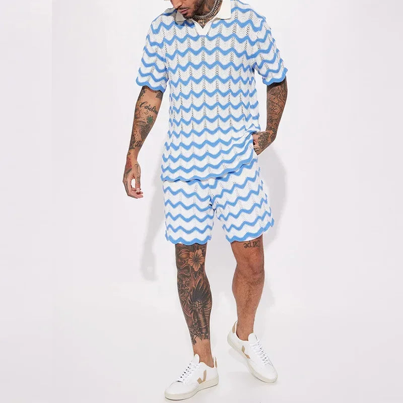 2025 New Men's Set Knit Fashion Print Shirts and Shorts