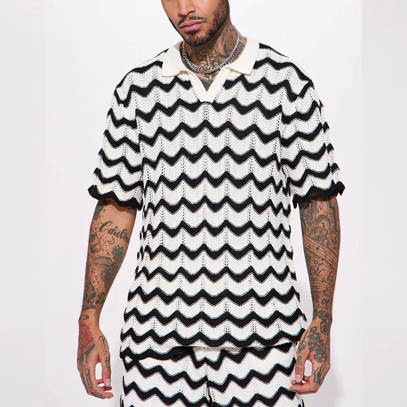 2025 New Men's Set Knit Fashion Print Shirts and Shorts