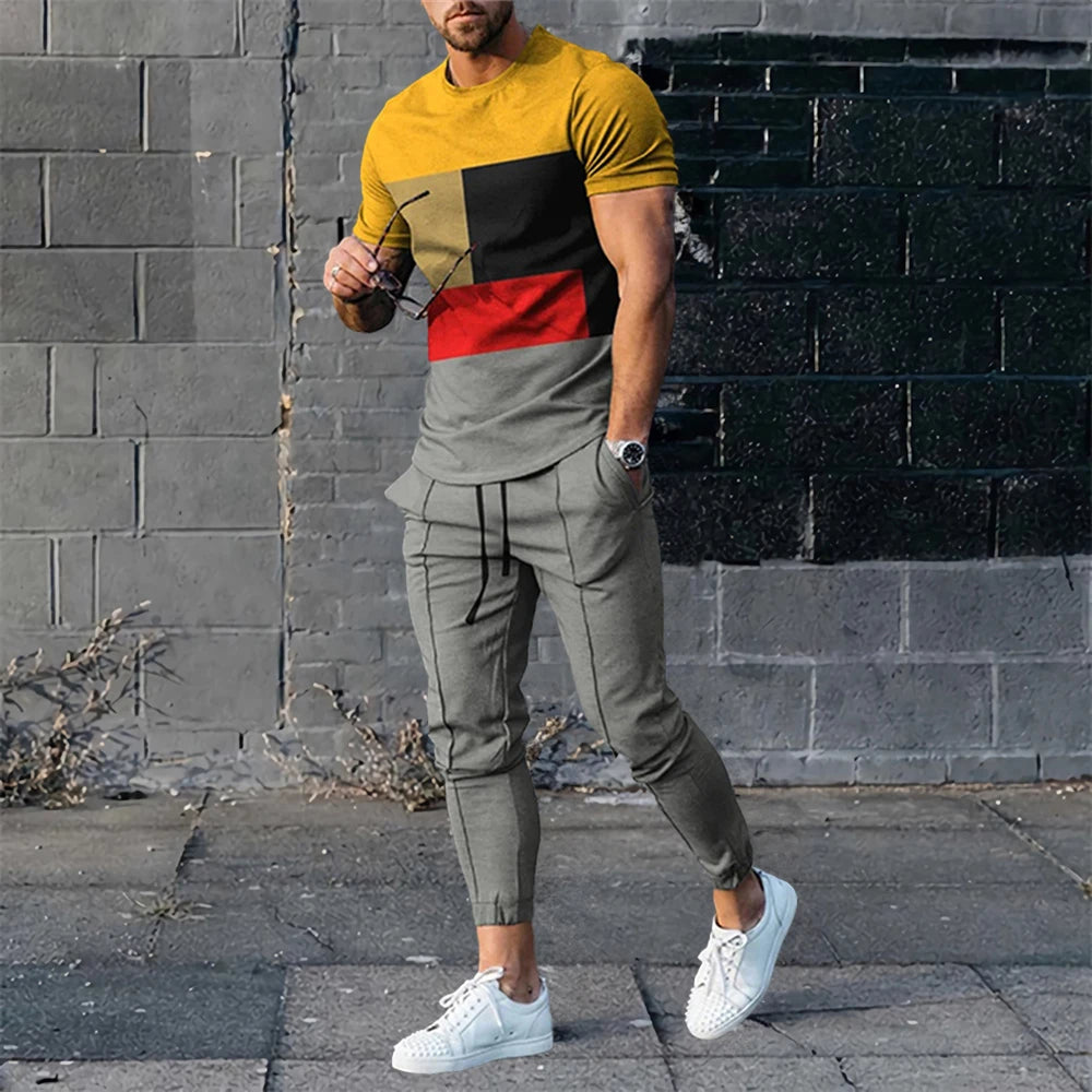 Men's 3D Block Print Sportswear Set, Casual Short Sleeve T-Shirt and Trousers