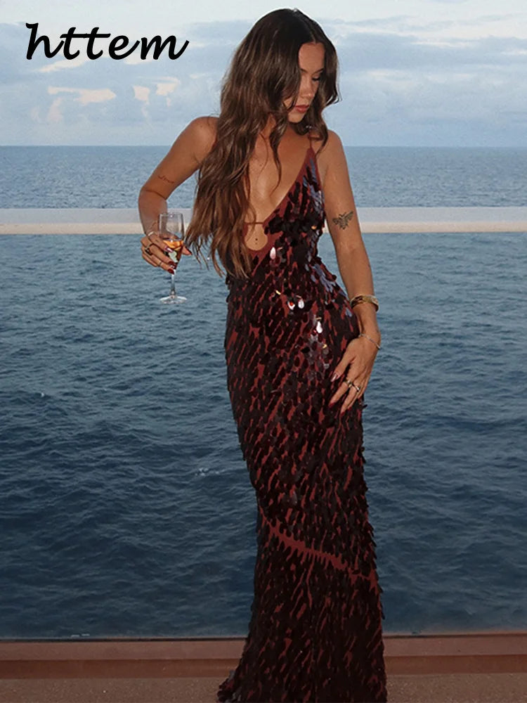 Sexy V-neck Sleeveless Backless Sling Sequin Long Prom Dress 2025