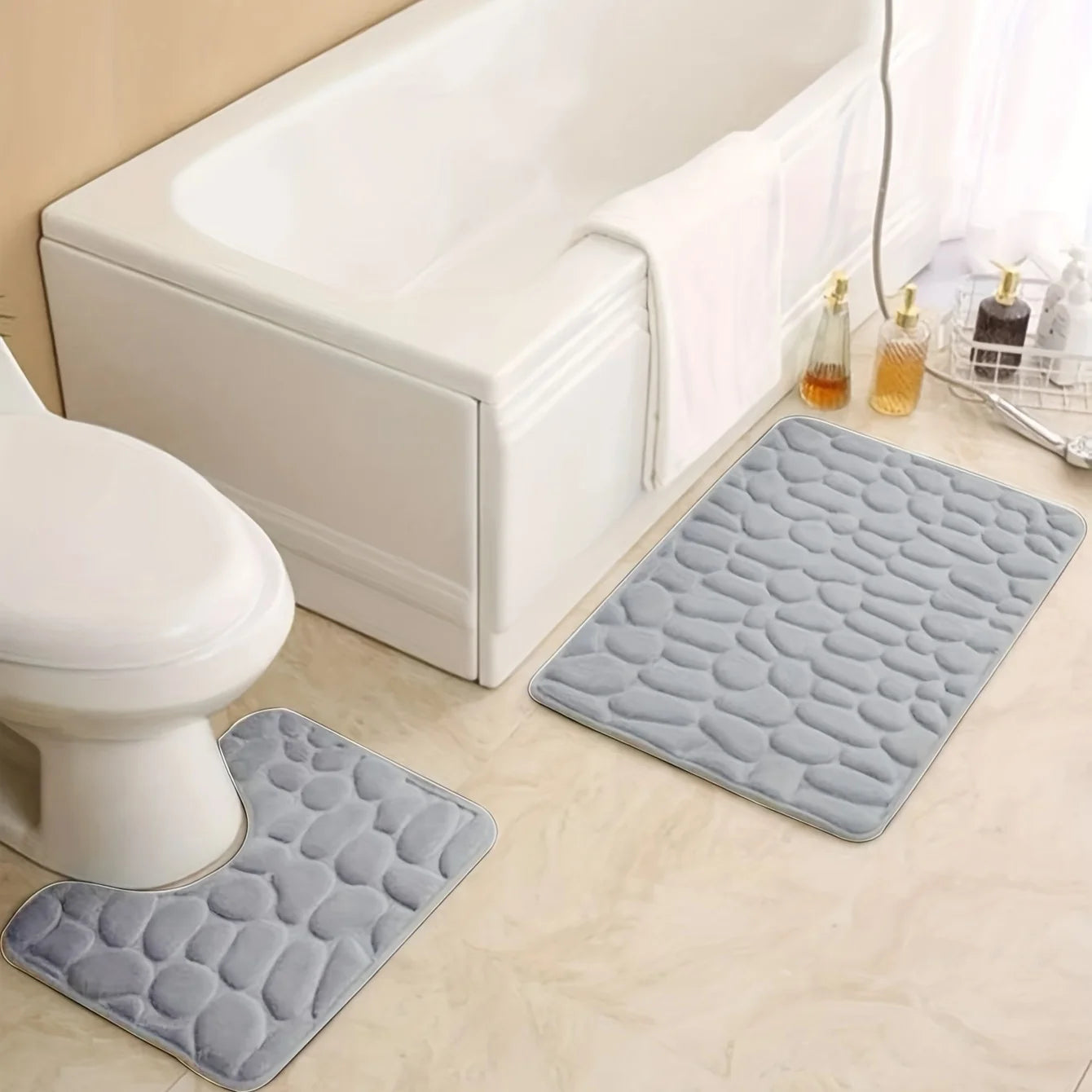 2pcs Embossed Stone Pattern Toilet Mat, Water Absorbent, Non-Slip