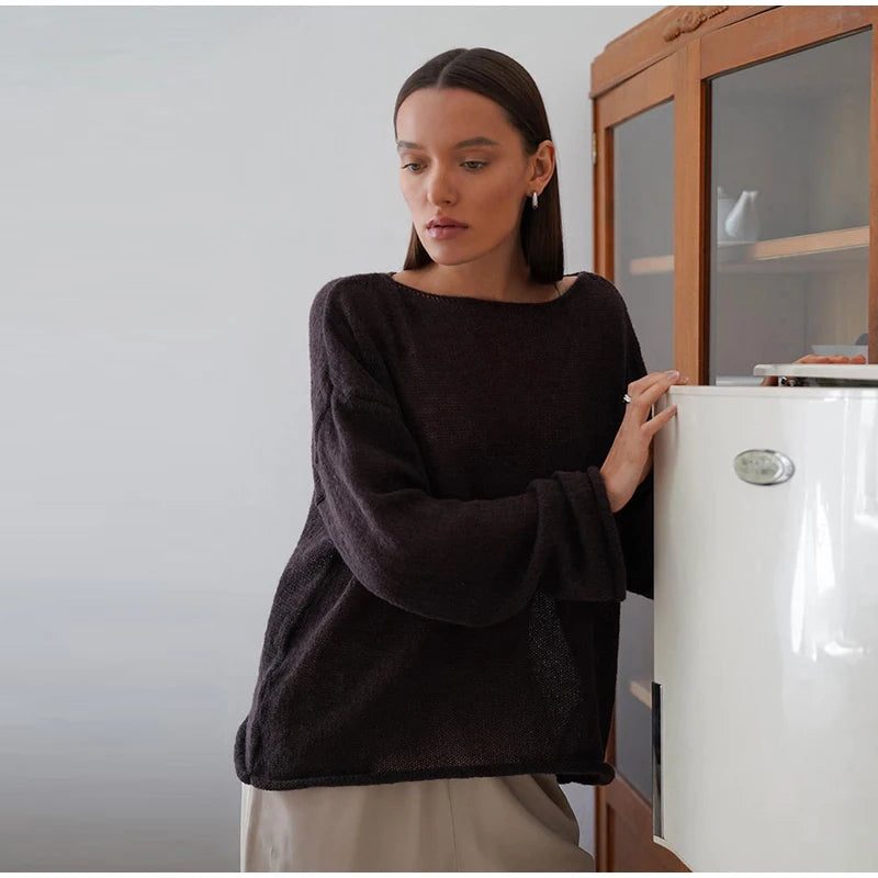 Elegant Hollow Out Knitted Pullovers for Women Loose Round Neck Long Sleeve Sheer Sweaters