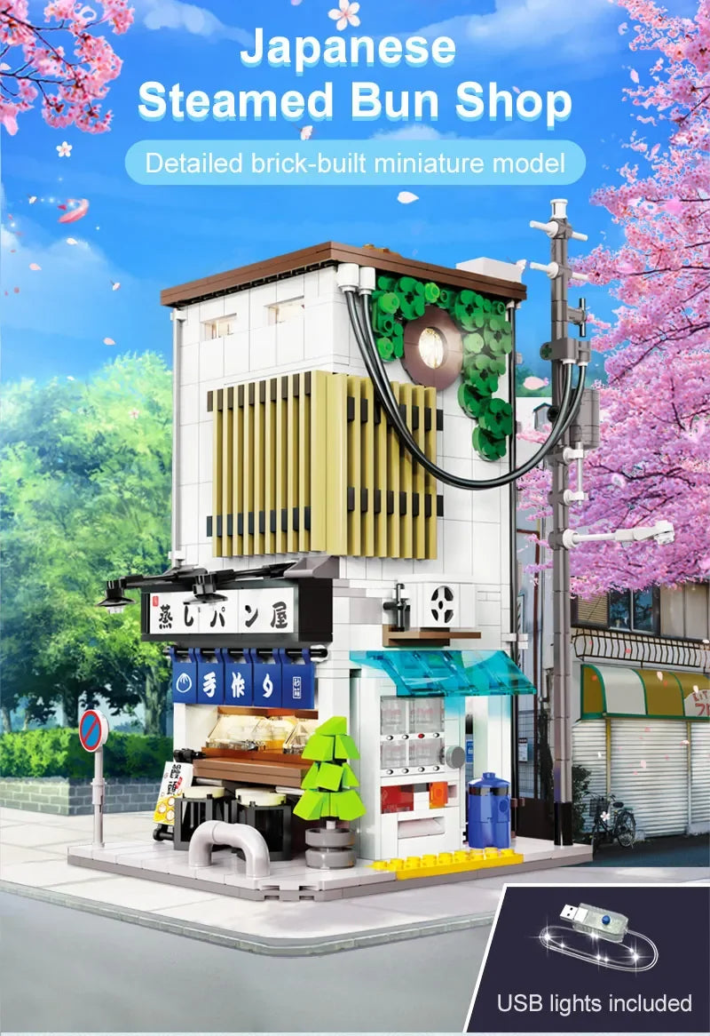 City LED Japanese Steamed Bun House  Bricks Toys cherry blossom Kids Gifts