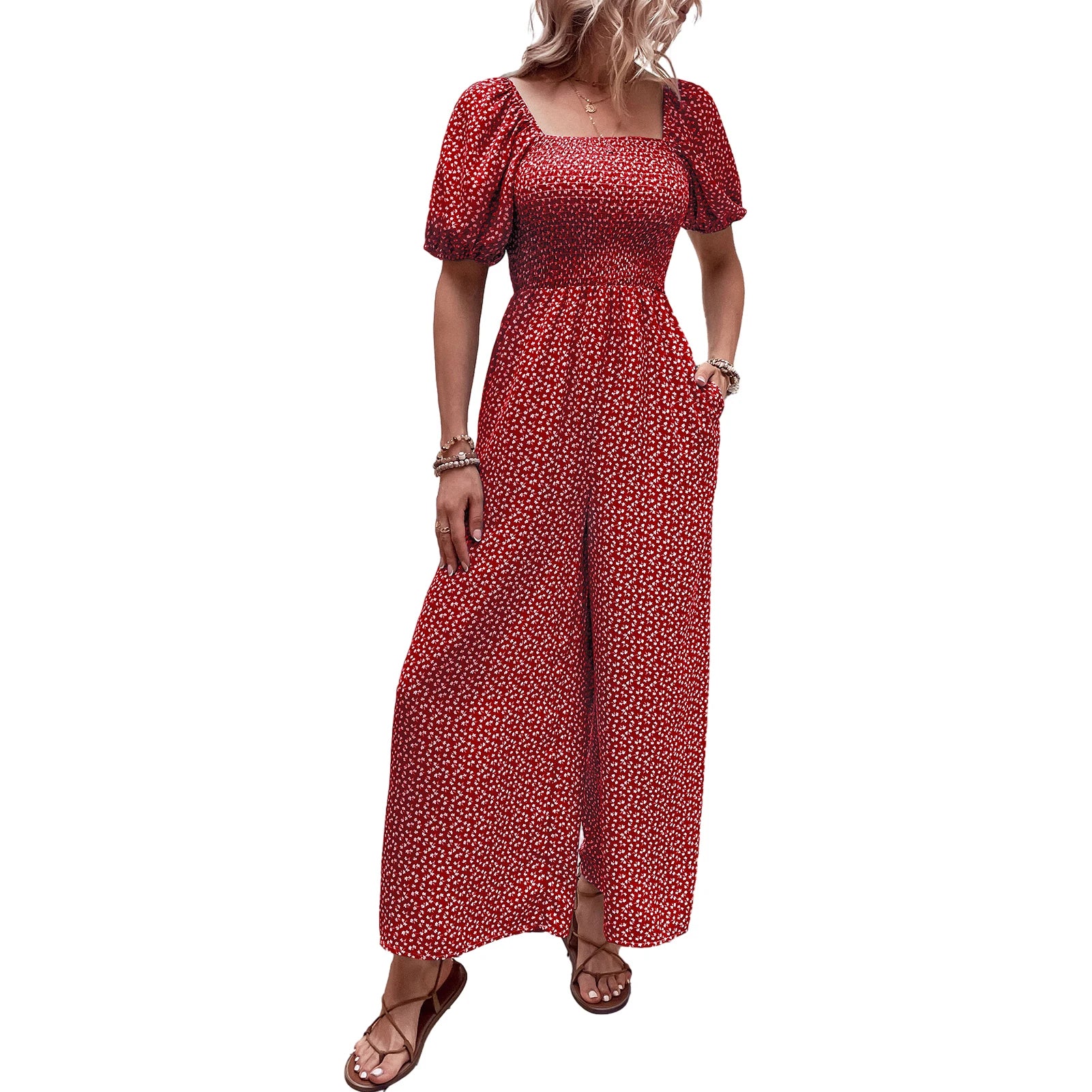 Women's Floral Print Jumpsuit with Elastic Waist, Elegant, V-neck