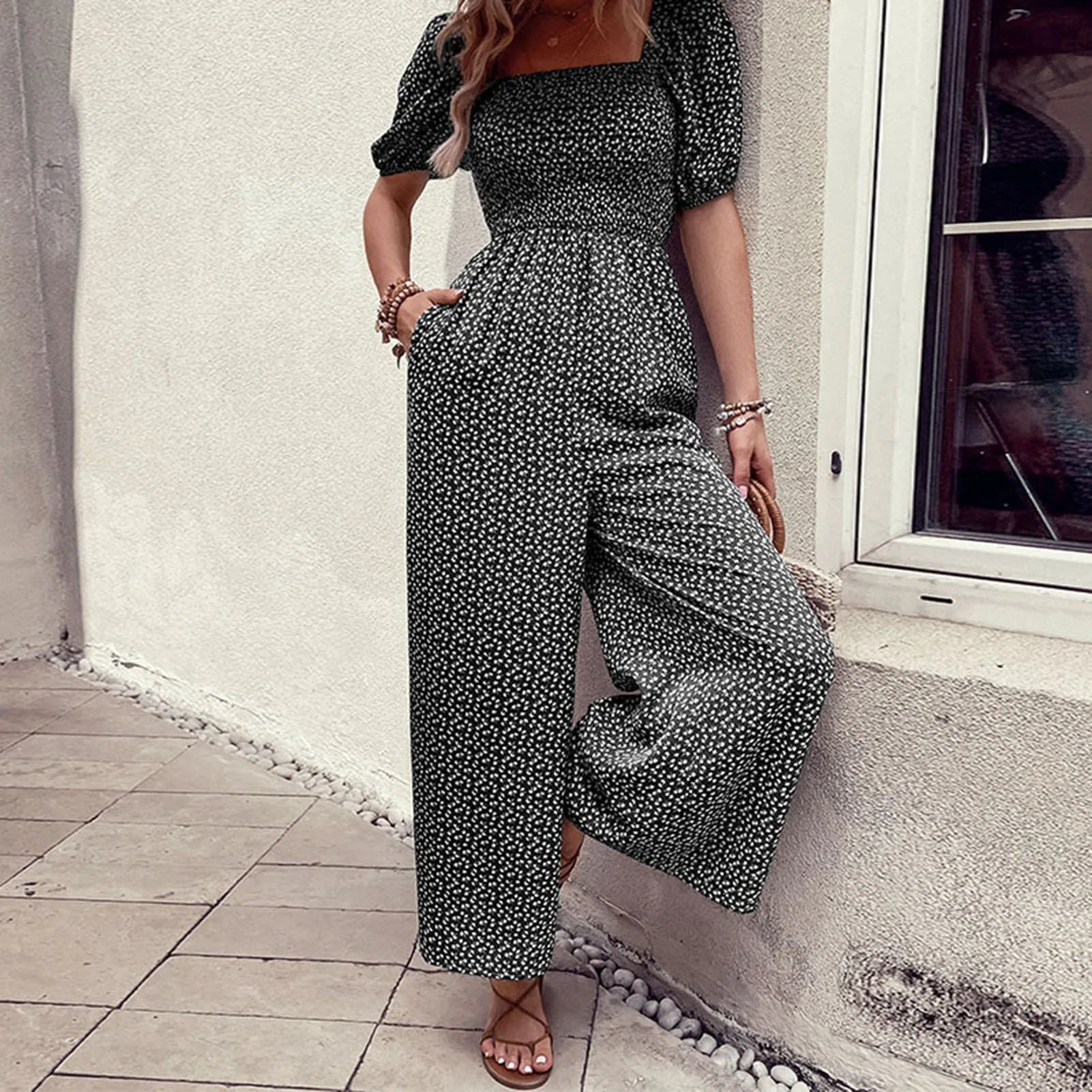 Women's Floral Print Jumpsuit with Elastic Waist, Elegant, V-neck