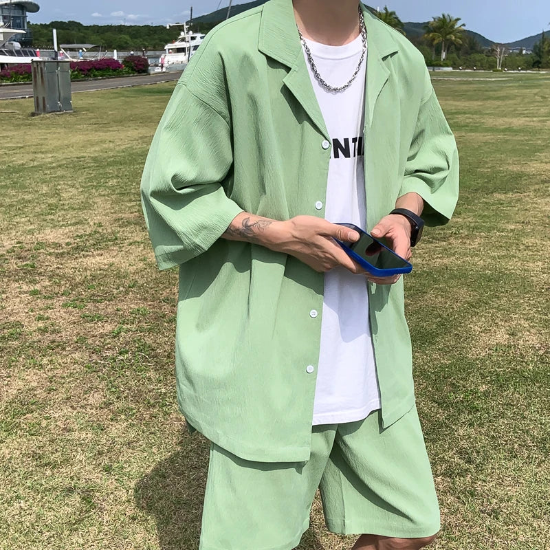 Men's summer two piece sets shirt and shorts casual outfits
