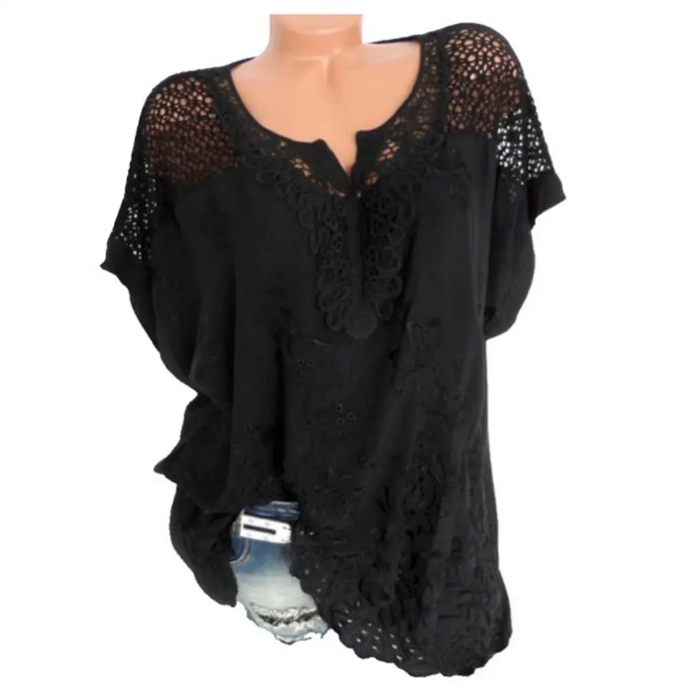 Women's Short Sleeve Blouses and Tops, White Lace Patchwork Loose Shirt