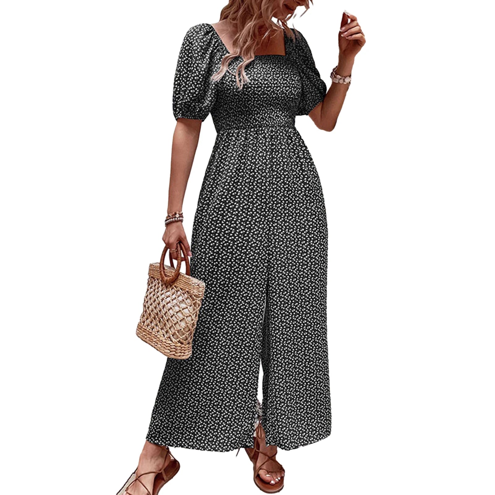 Women's Floral Print Jumpsuit with Elastic Waist, Elegant, V-neck
