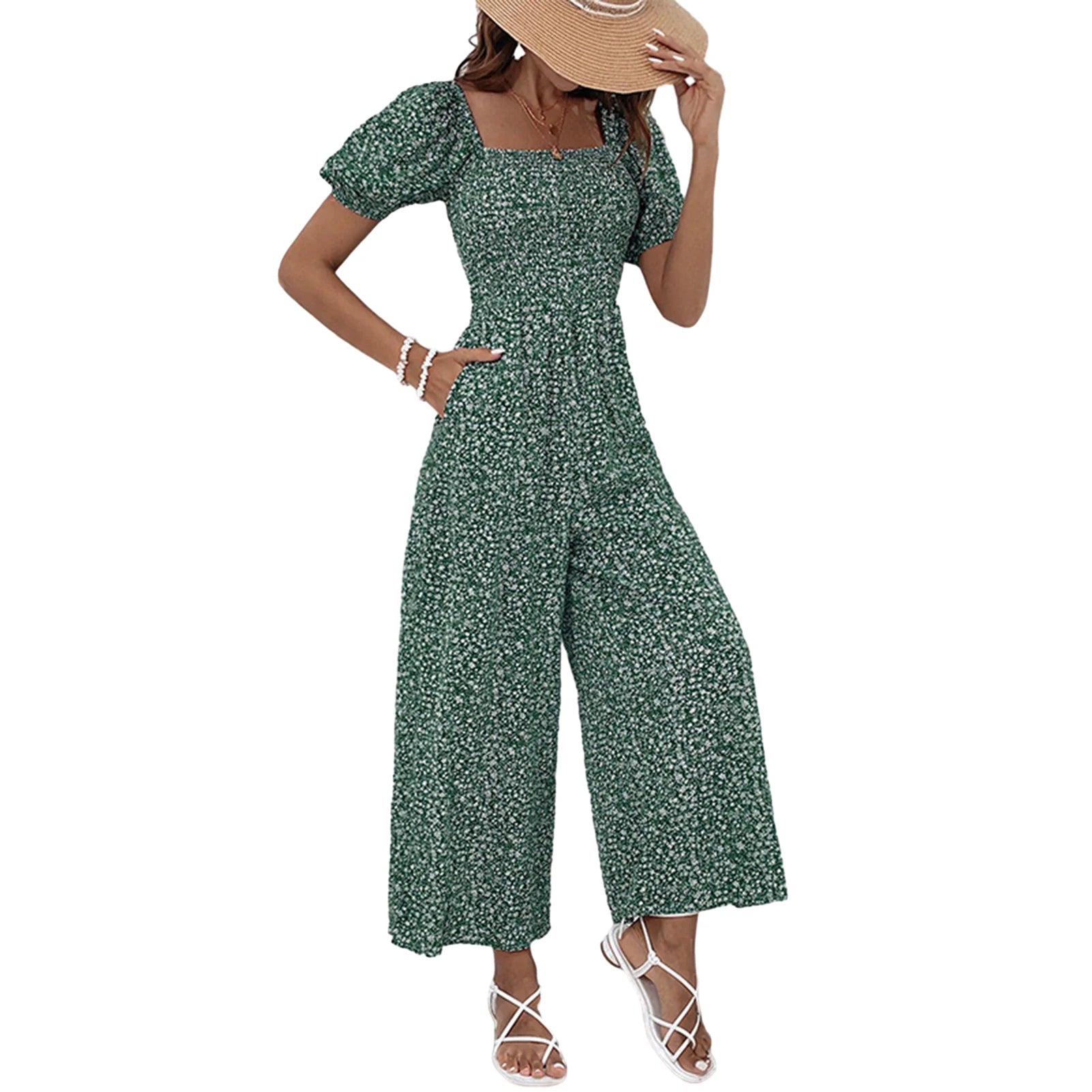 Women's Floral Print Jumpsuit with Elastic Waist, Elegant, V-neck