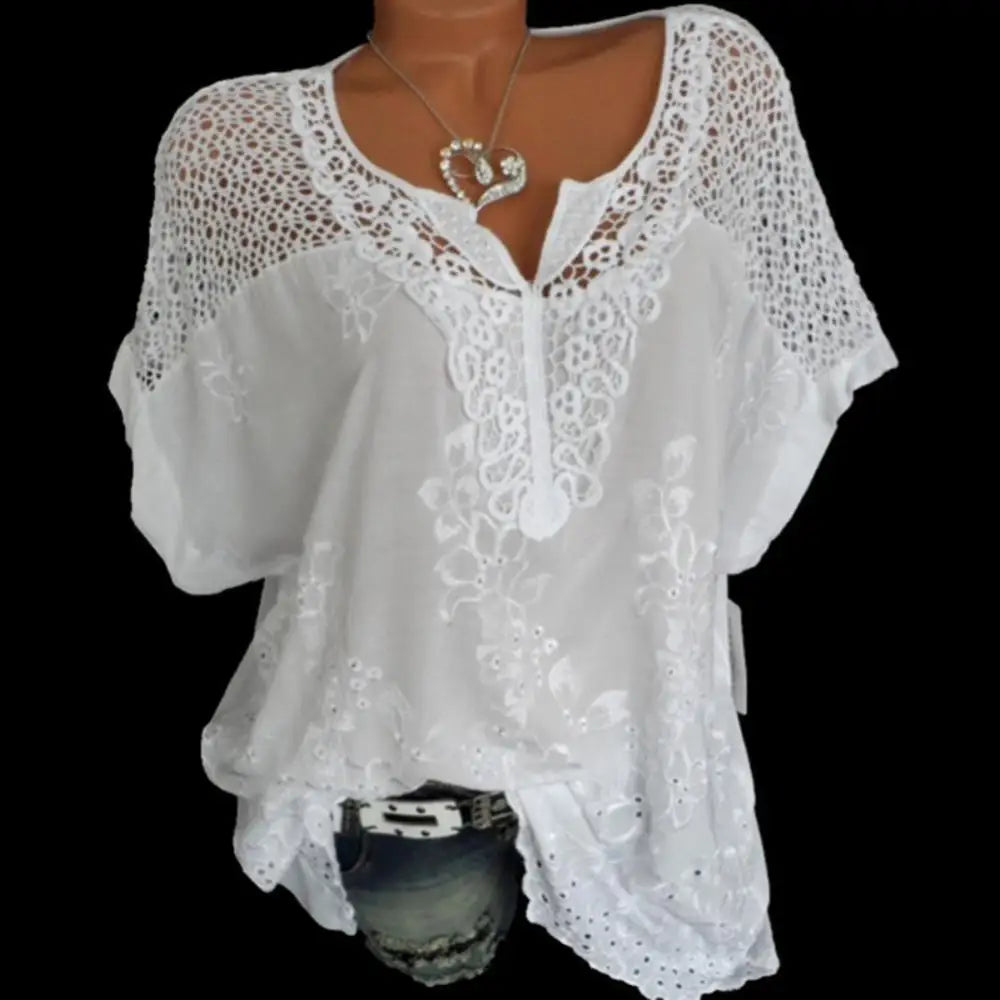Women's Short Sleeve Blouses and Tops, White Lace Patchwork Loose Shirt