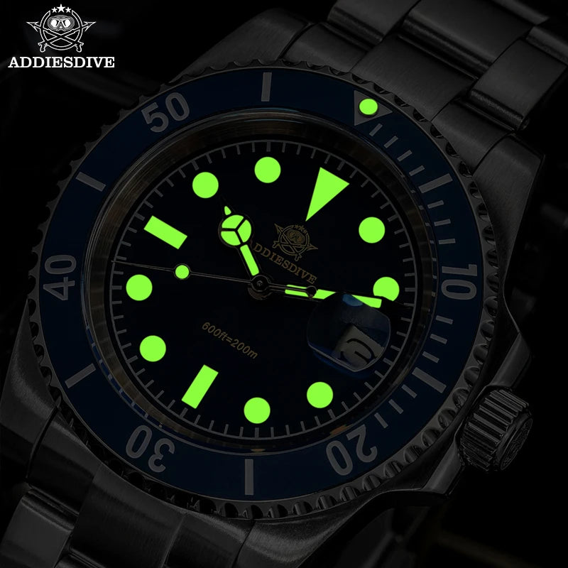 ADDIESDIVE New Men's Quartz Watch Wristwatch 200m Waterproof Super C3 Luminous Blue Dial AR Coating