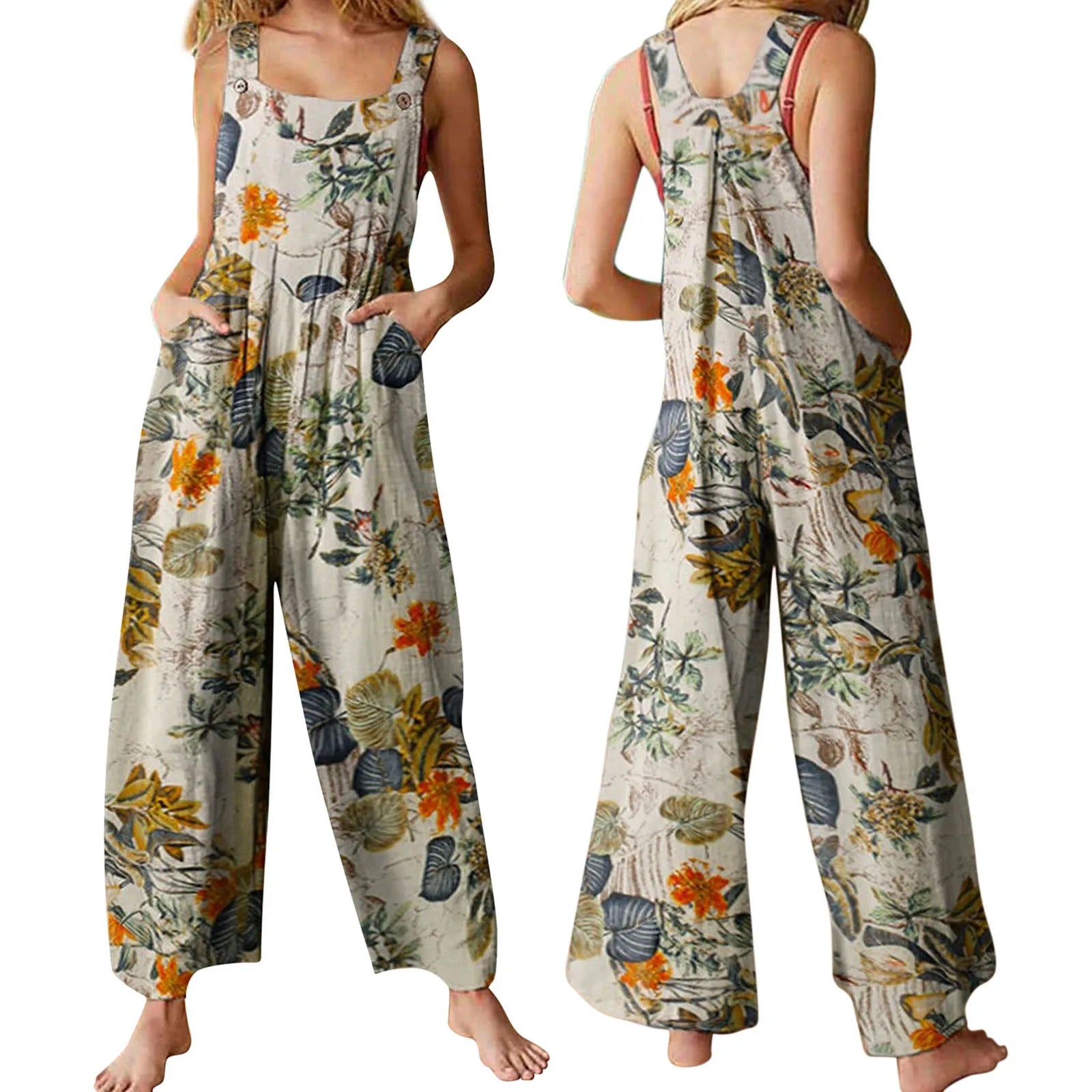 Women's loose floral print sleeveless jumpsuit