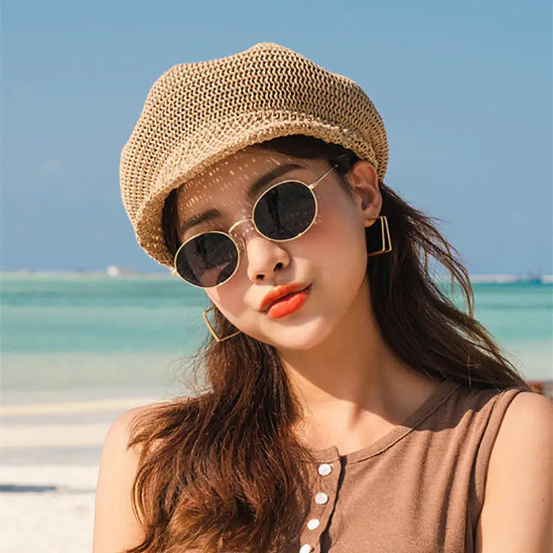 New Women Straw Octagonal Cap Adjustable Rope Mesh Breathable Beret