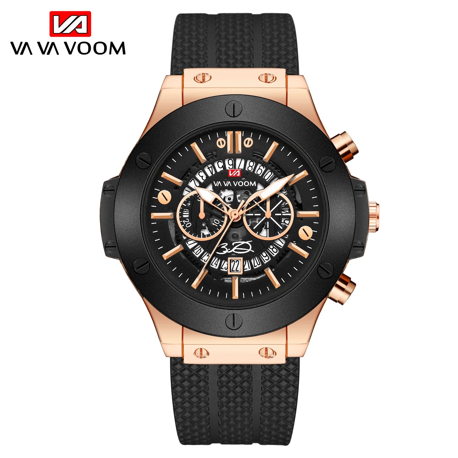 Men's black silicone sports watch, 46mm hollow pointer, large dial