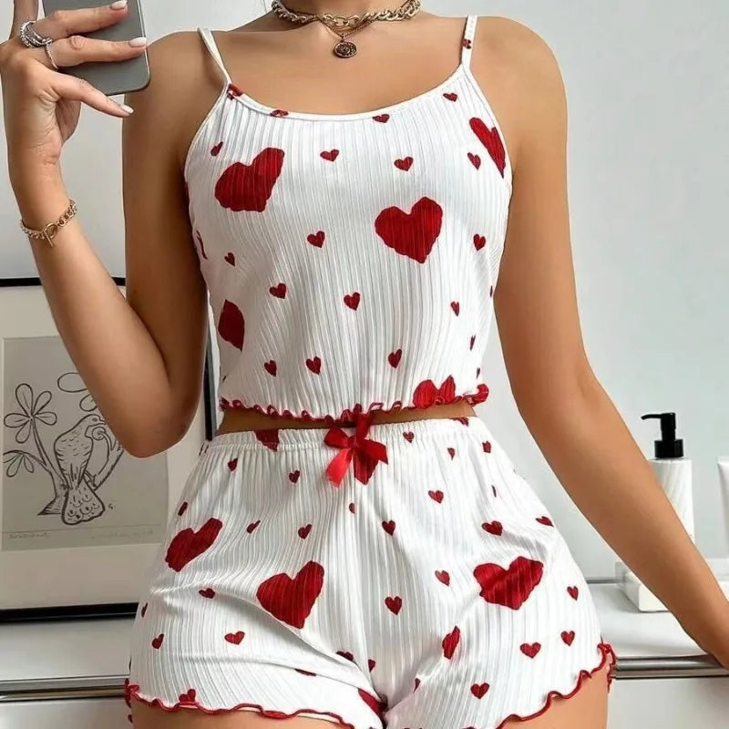 Ruffled heart print pajama set, notched neckline with cute bow