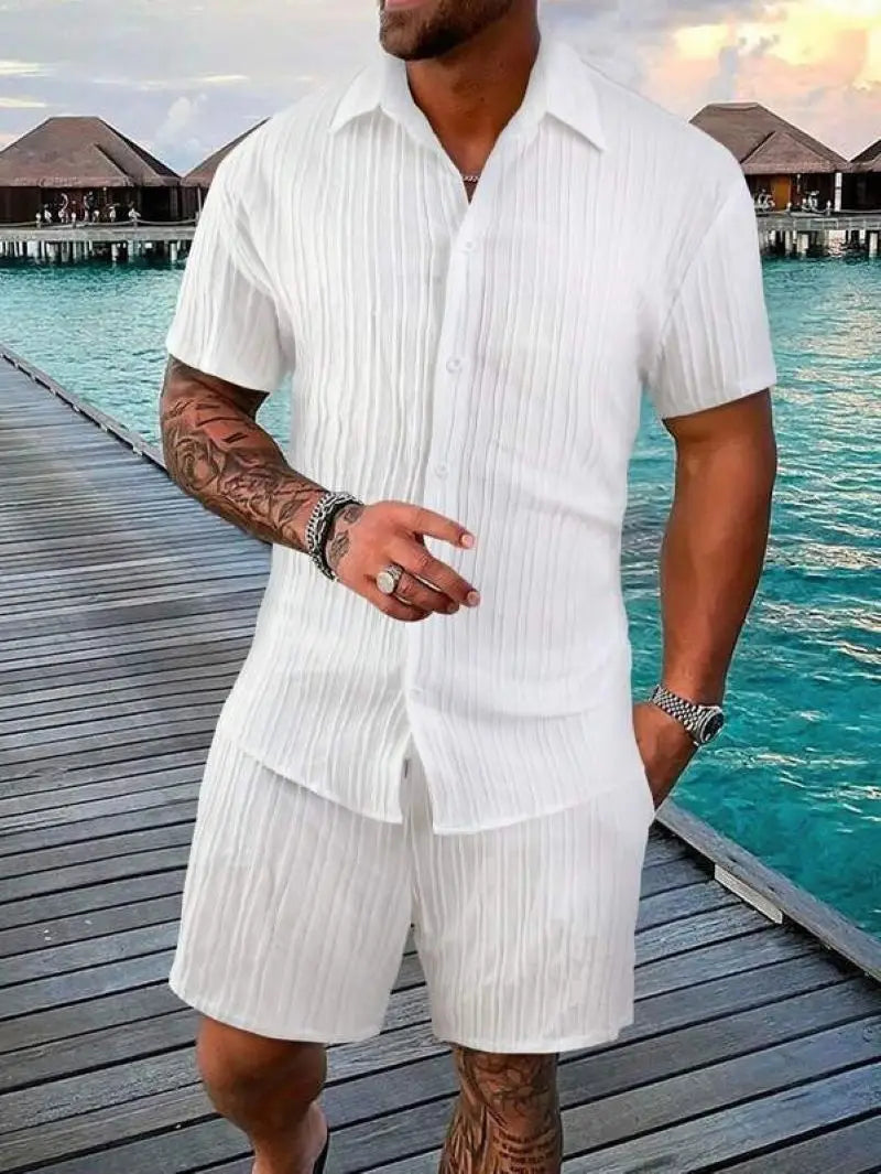 Men's Beach Suit Striped Solid Color Short Sleeve Shorts Shirt Sports Casual