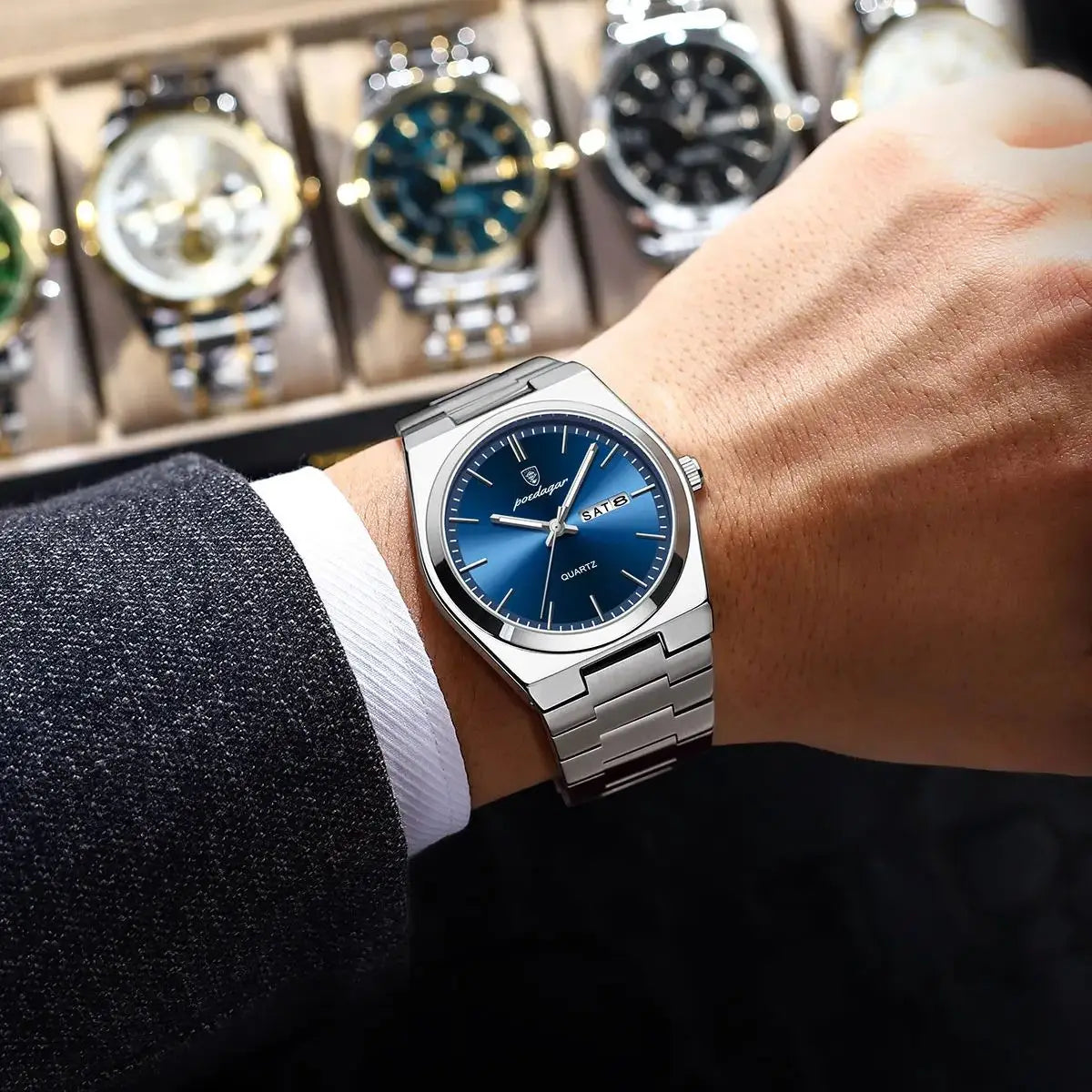 POEDAGAR Luxury Men's Watch Waterproof Luminous Date Week Stainless Steel Watch