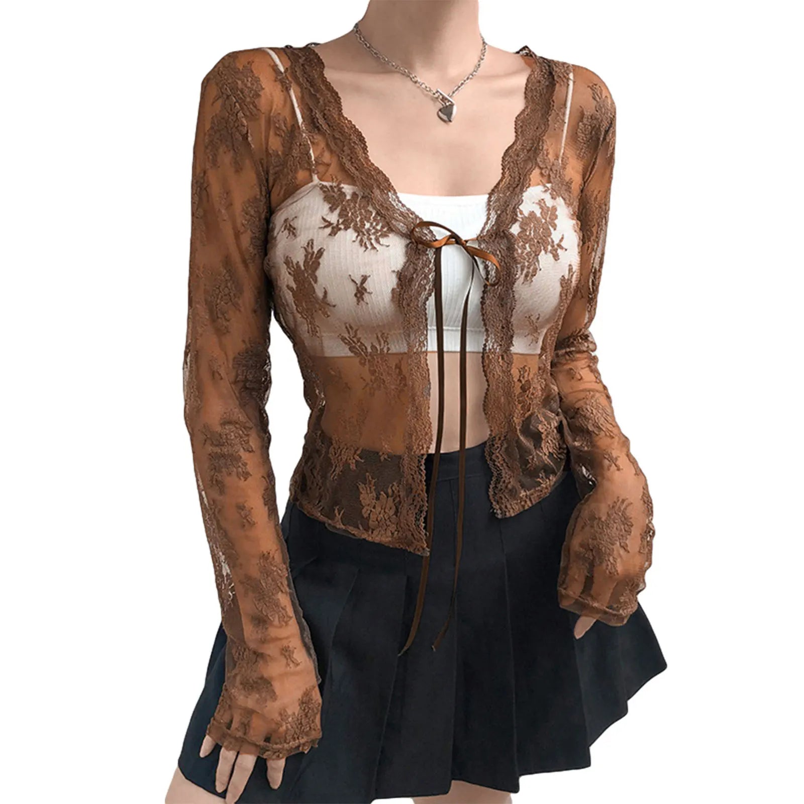 Women Sexy See Through Y2K Long Sleeve Lace Cardigans