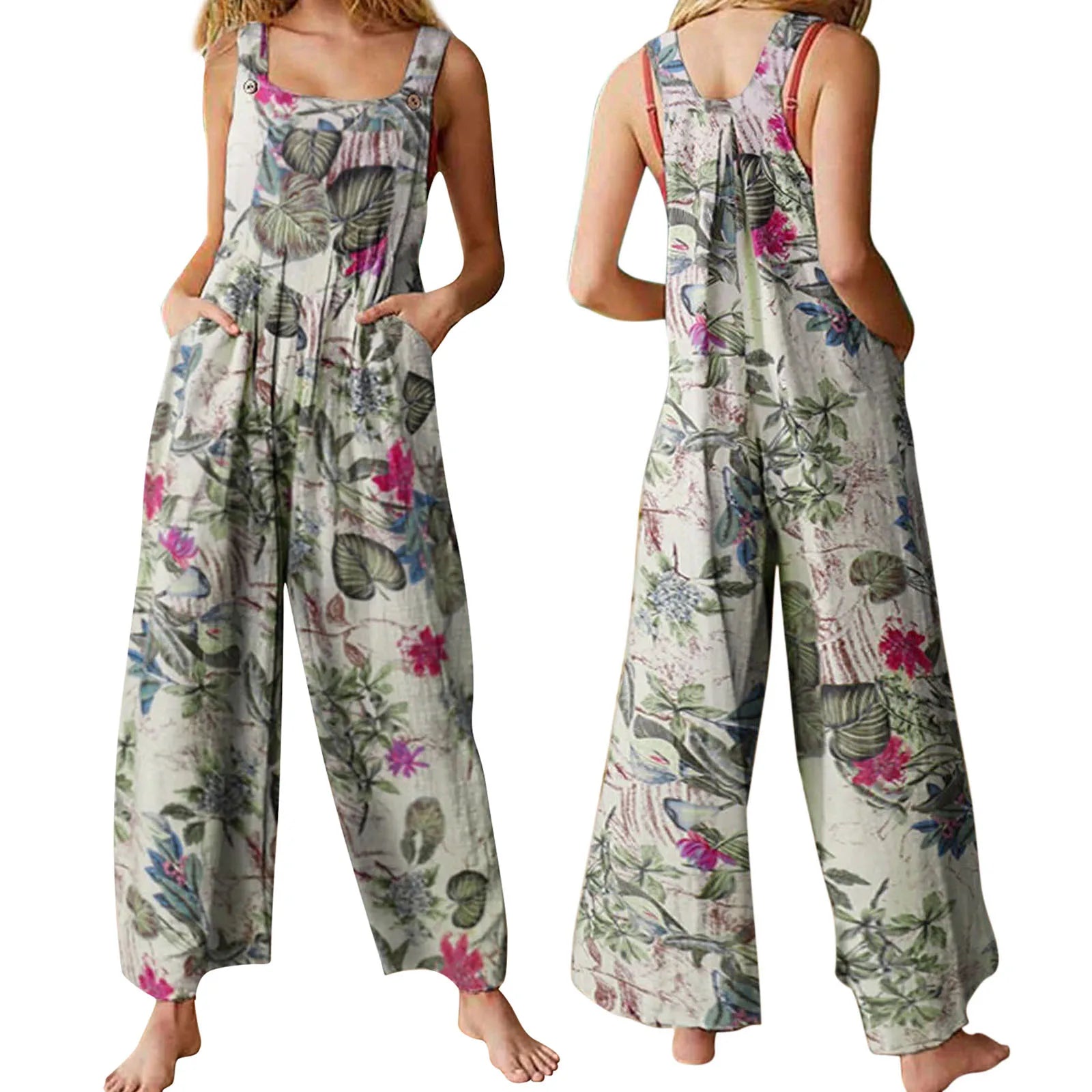 Women's loose floral print sleeveless jumpsuit