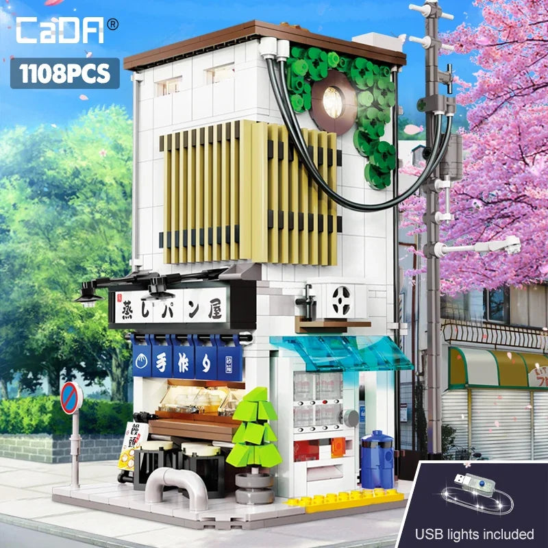 City LED Japanese Steamed Bun House  Bricks Toys cherry blossom Kids Gifts