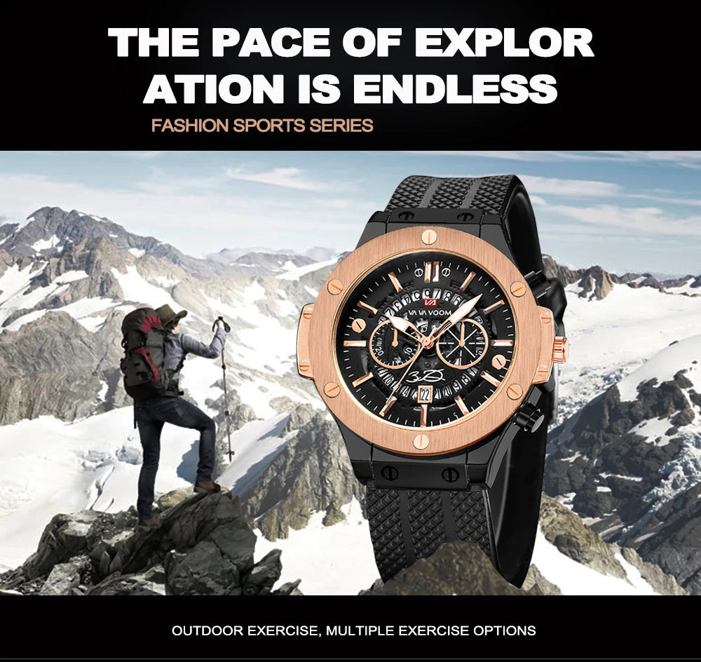 Men's black silicone sports watch, 46mm hollow pointer, large dial