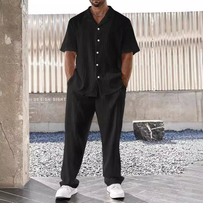 New men's casual suit with buttoned shirt and short sleeve pants