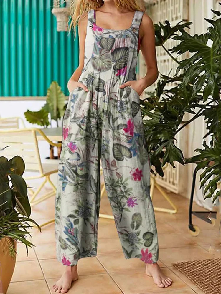 Women's loose floral print sleeveless jumpsuit