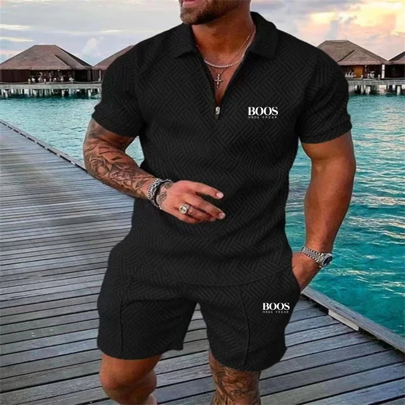 High quality zipper short sleeve shorts set