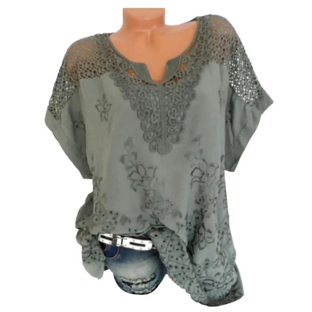 Women's Short Sleeve Blouses and Tops, White Lace Patchwork Loose Shirt