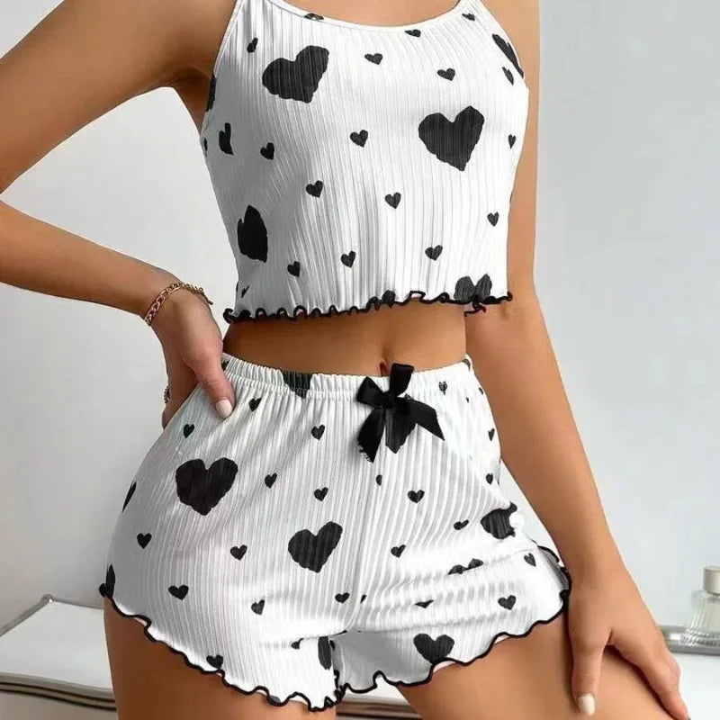 Ruffled heart print pajama set, notched neckline with cute bow
