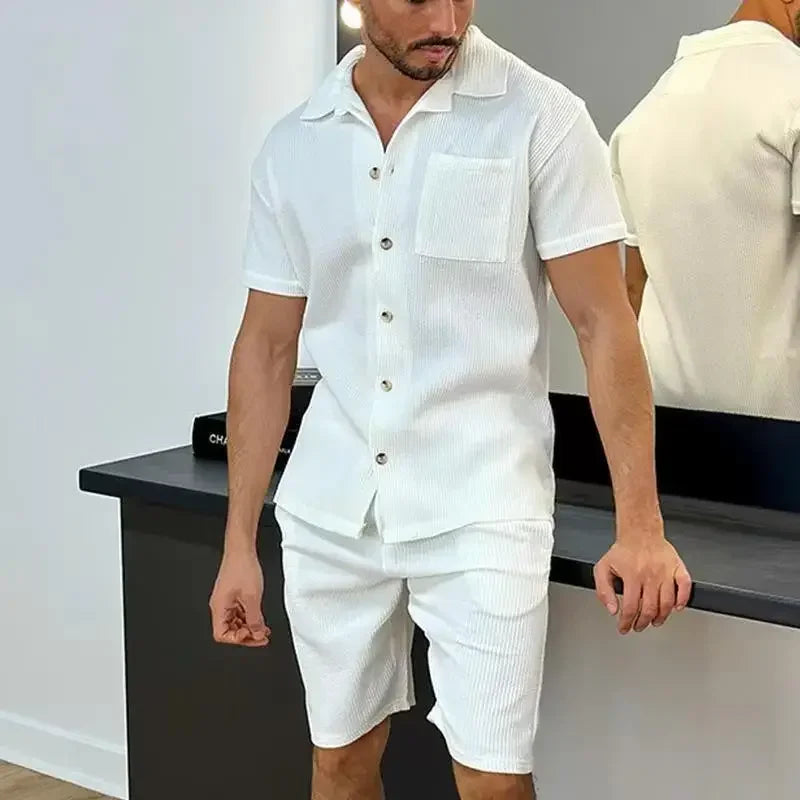 Men's Casual Set, Soft Solid Button Down Shirts