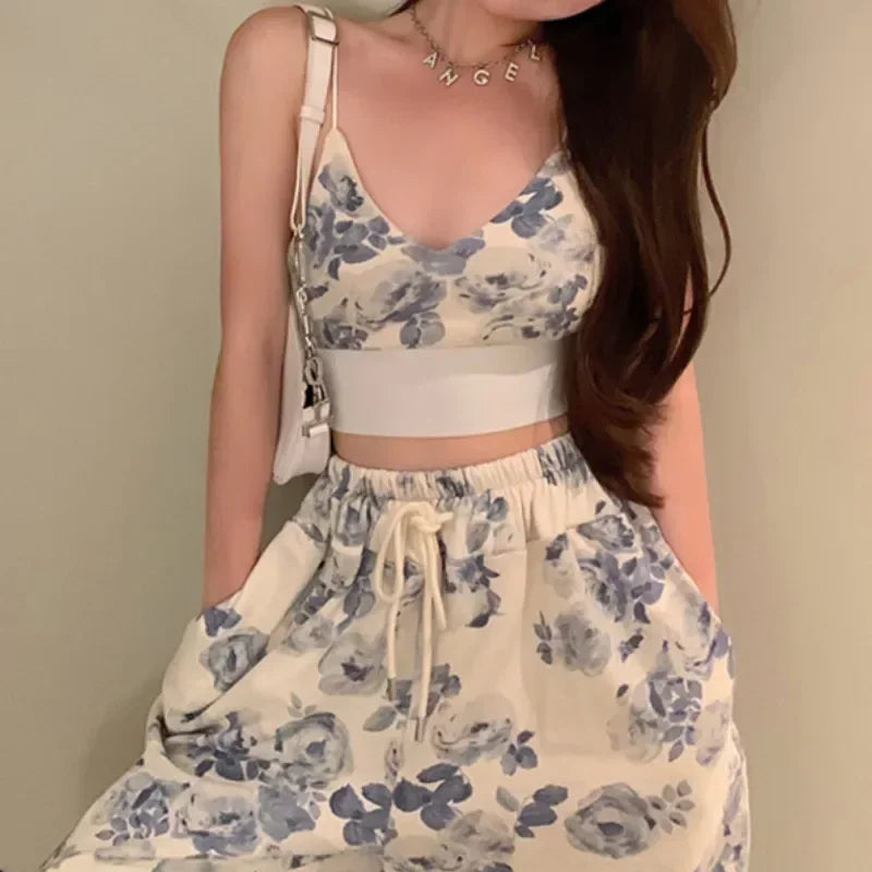 Korean 2 Piece Sets Women Outfits Floral V Neck Spaghetti Straps