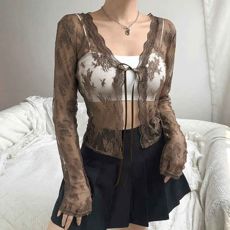 Women Sexy See Through Y2K Long Sleeve Lace Cardigans