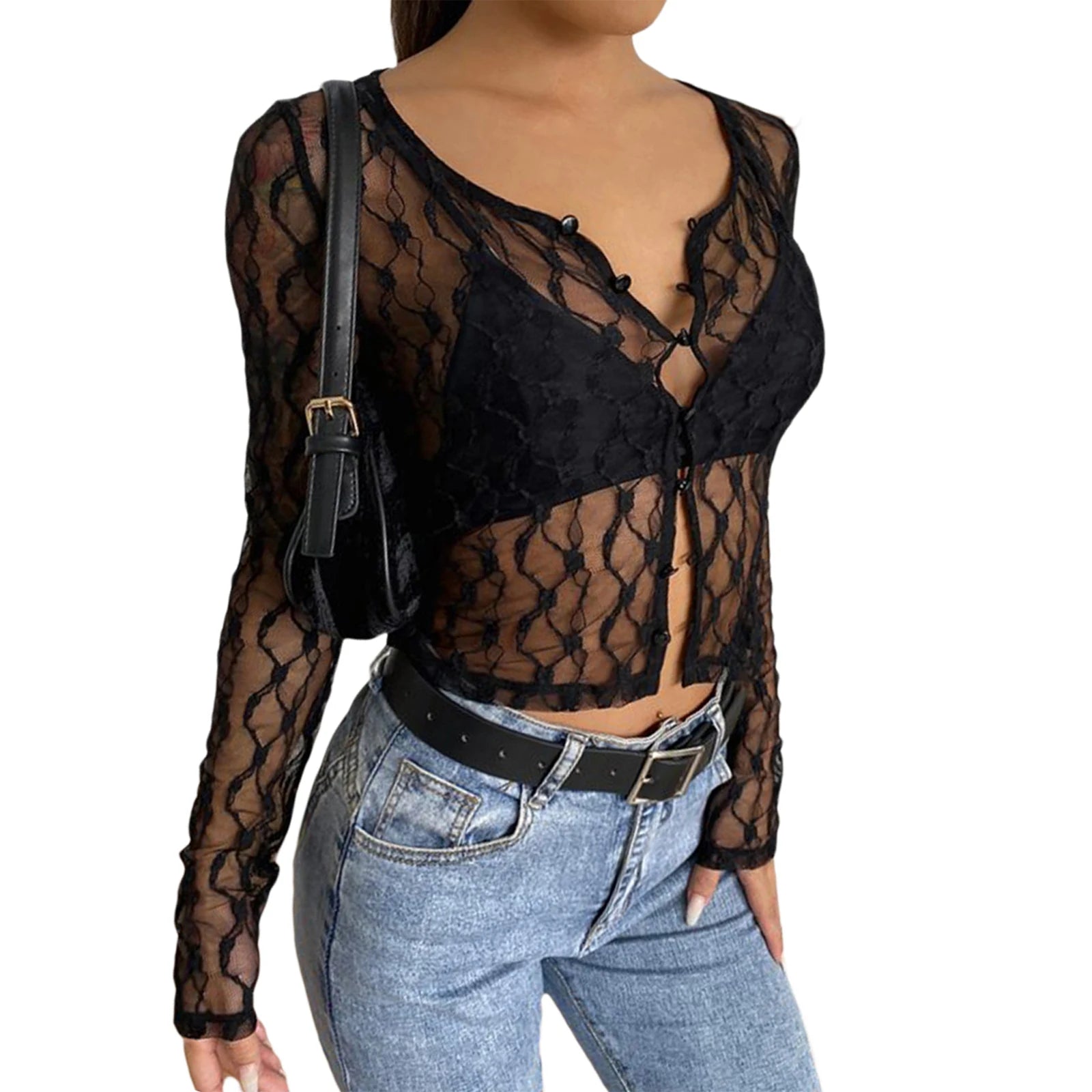 Women Sexy See Through Y2K Long Sleeve Lace Cardigans