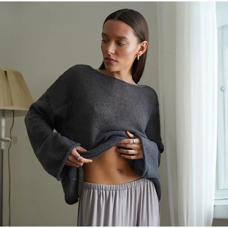 Elegant Hollow Out Knitted Pullovers for Women Loose Round Neck Long Sleeve Sheer Sweaters