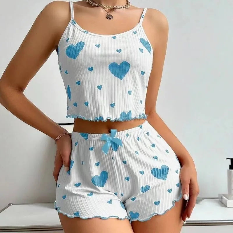 Ruffled heart print pajama set, notched neckline with cute bow