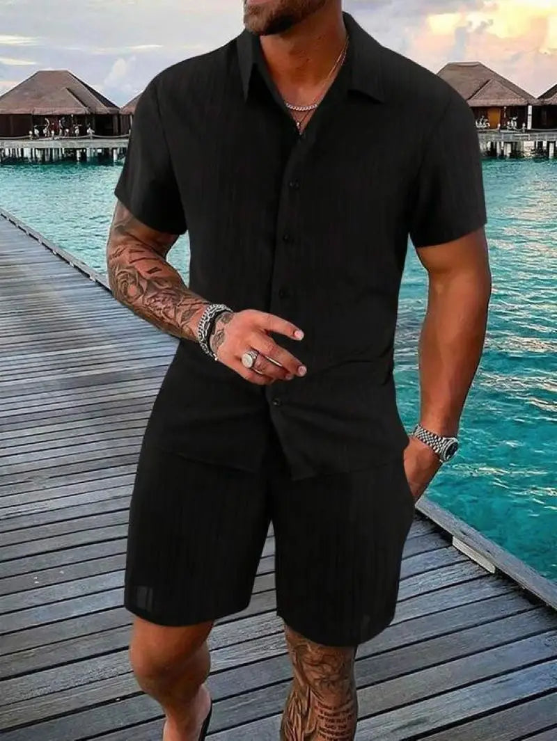 Men's Beach Suit Striped Solid Color Short Sleeve Shorts Shirt Sports Casual