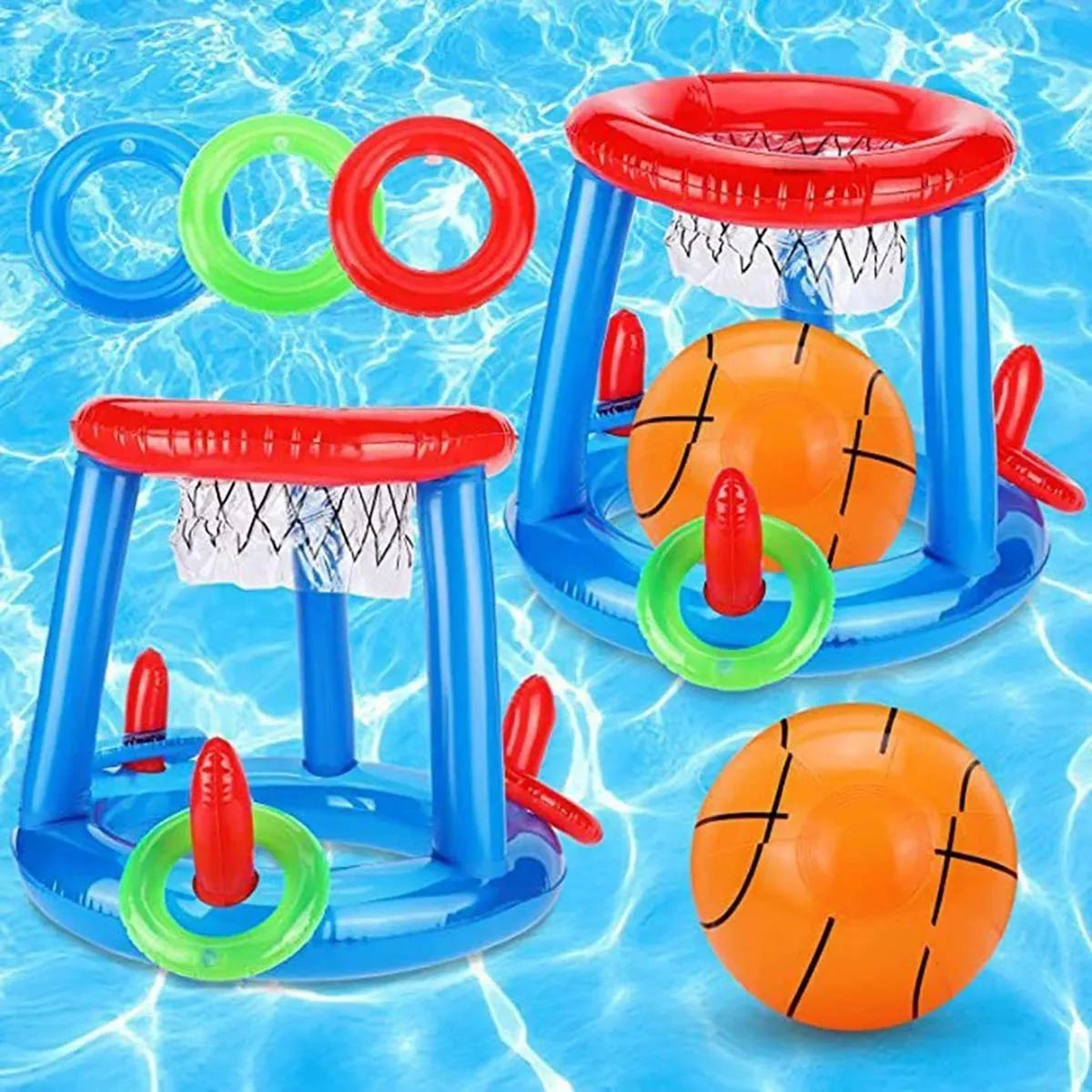 Inflatable ring toss game, floating basketball hoop