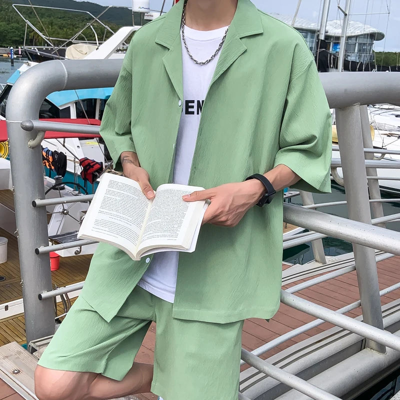 Men's summer two piece sets shirt and shorts casual outfits