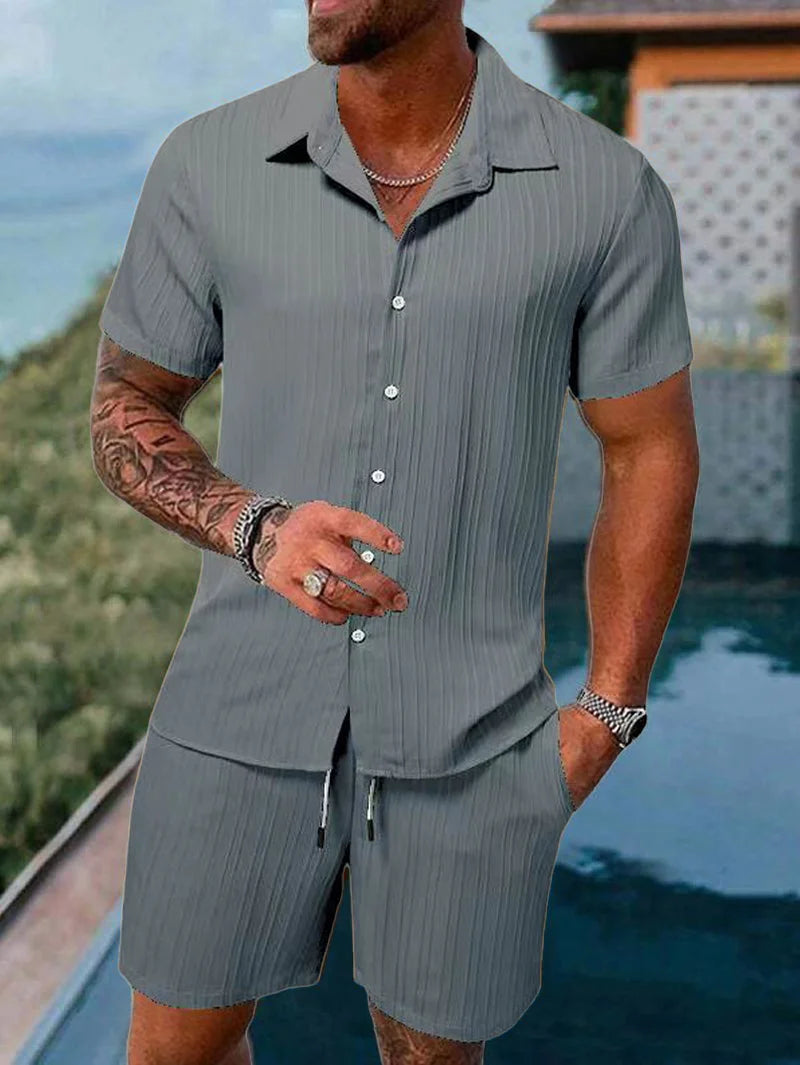 Men's Beach Suit Striped Solid Color Short Sleeve Shorts Shirt Sports Casual